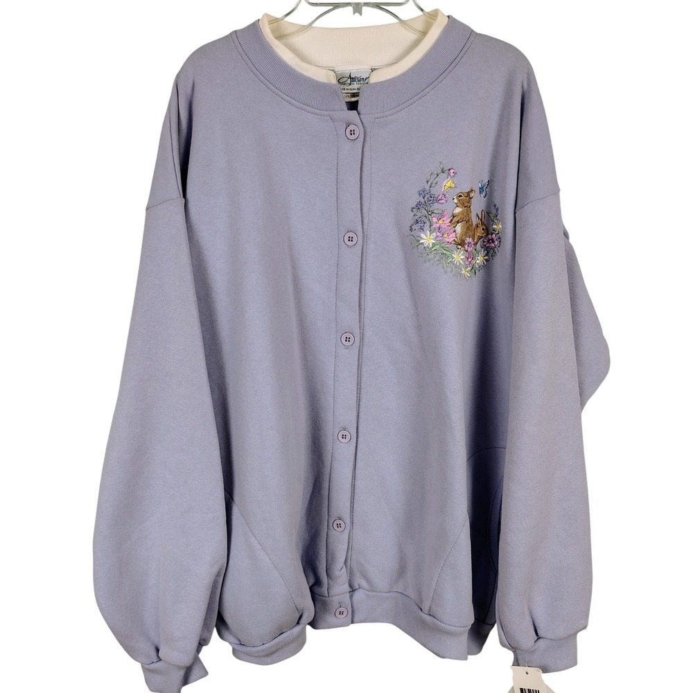 NWT Womens XL Bunny Embroidered Button Sweatshirt Periwinkle Cottagecore USA
